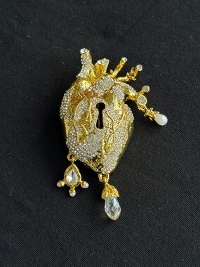 Schiaparelli Inspired Gold and Crystal Heart Lock Pendant Brooch